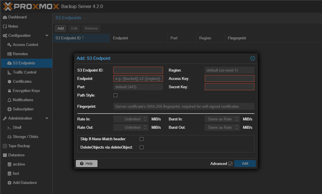 Configurando endpoint S3 no Proxmox Backup Server