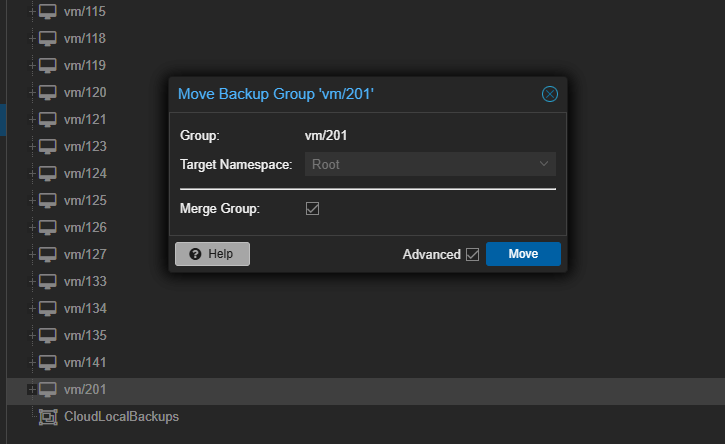 Movendo grupos de backup na interface do PBS