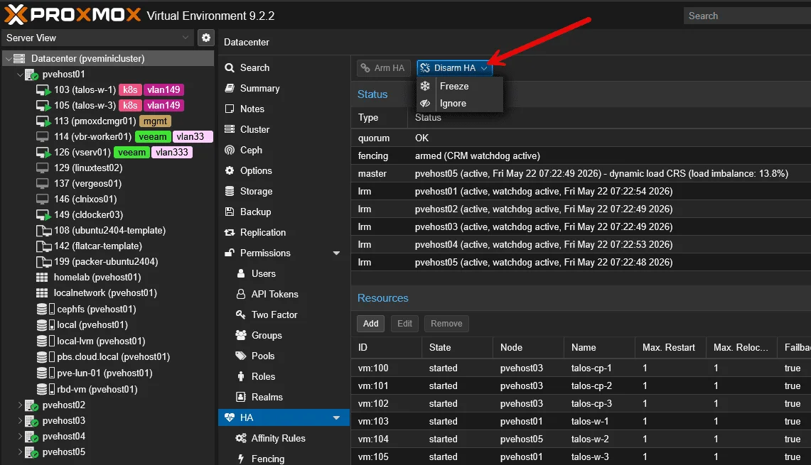 Novo workflow de desativar HA no Proxmox 9.2