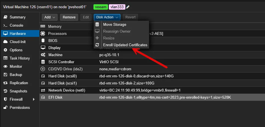 Proxmox 9.2 — fazer enrollment certificados UEFI 2023