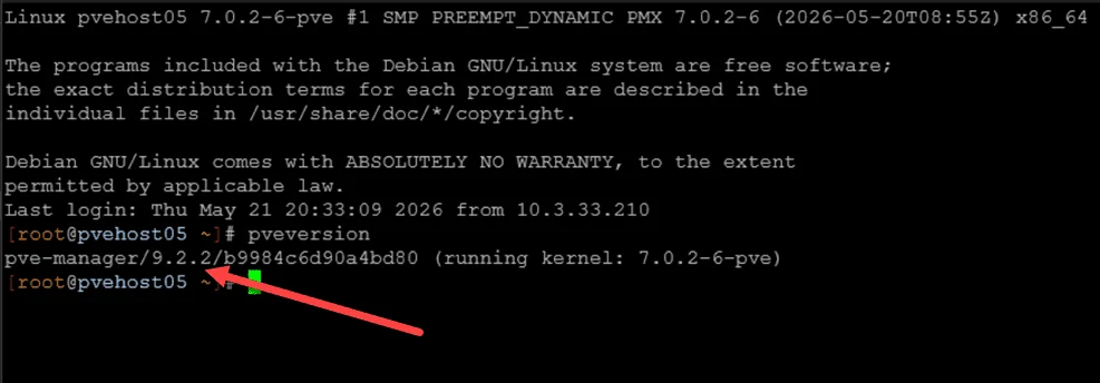 Versão do Proxmox depois do upgrade — 9.2.2