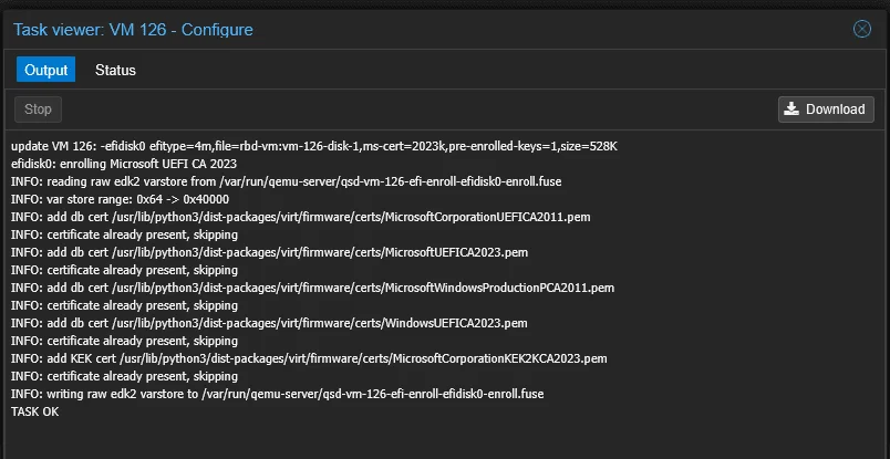 Task de enrollment no Proxmox web UI
